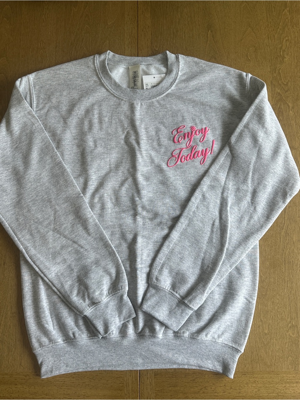 Altar'd State: AS Revival - Gray Crewneck Sweatshirt with Pink "Enjoy Today!"